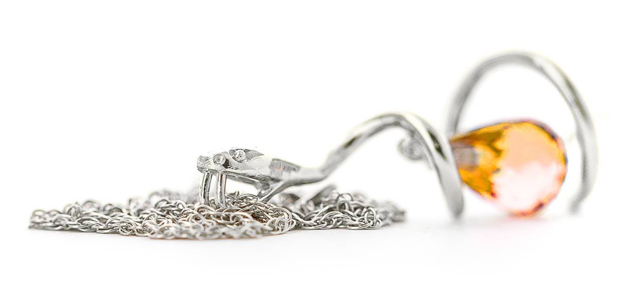 14K Solid White Gold Snake Necklace w/ Dangling Briolette Citrine & Diamond
