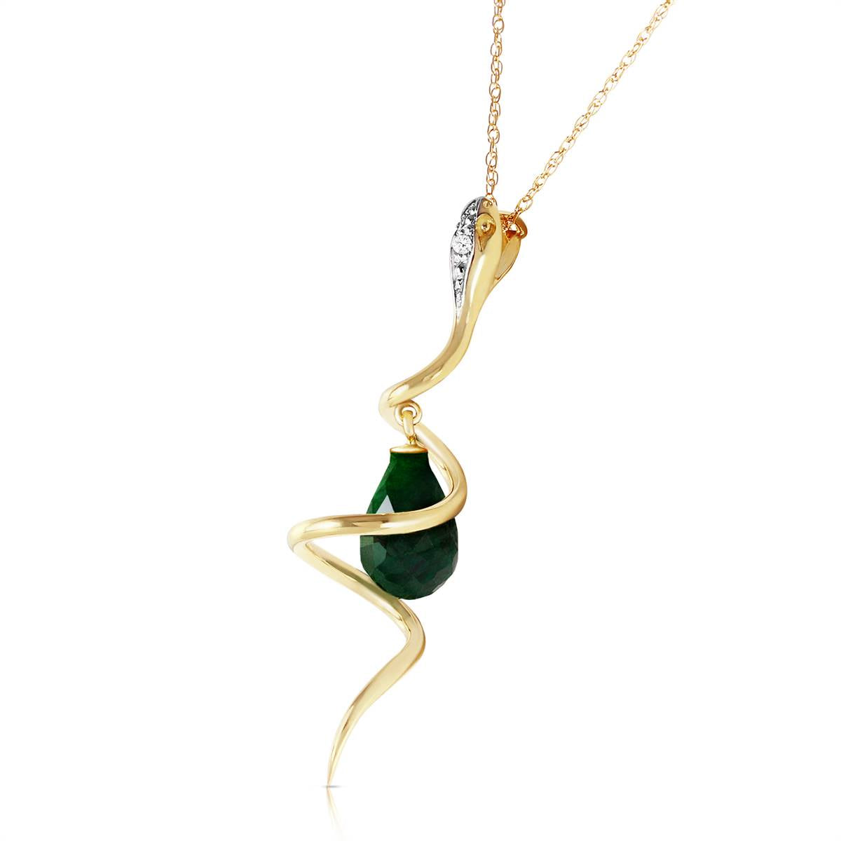 14K Solid Yellow Gold Snake Necklace w/ Dangling Dyed Green Sapphire & Diamond