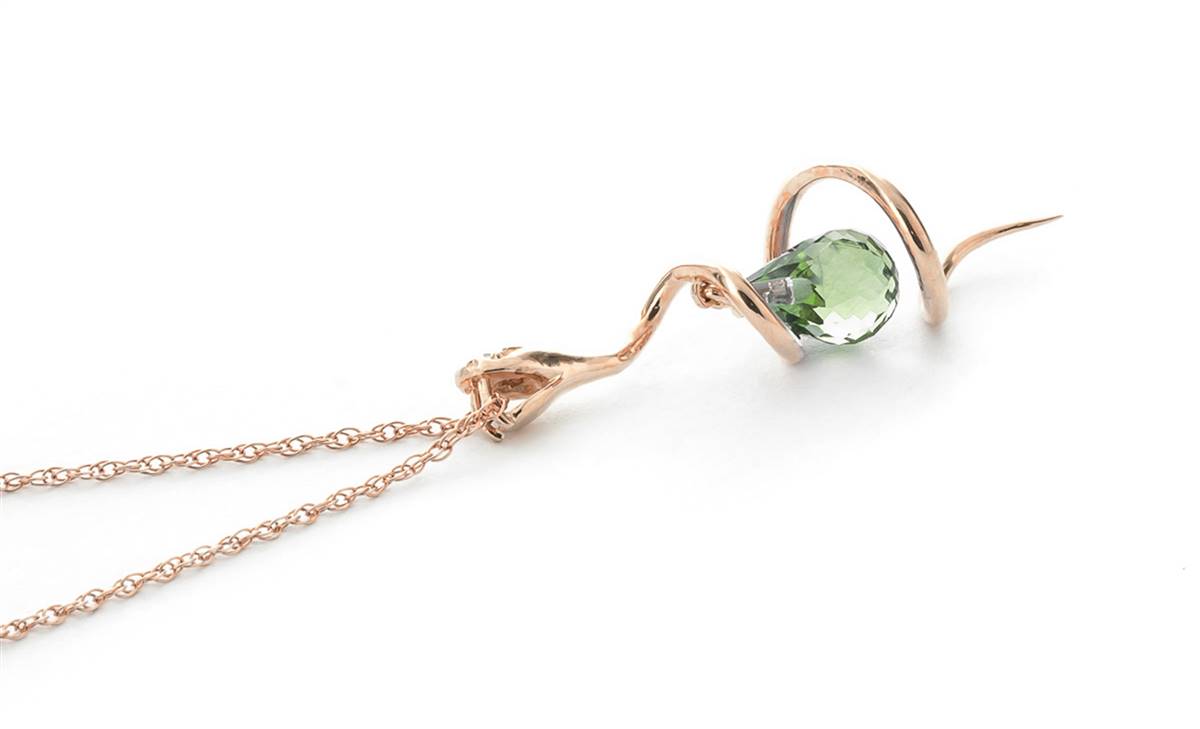 14K Solid Rose Gold Snake Necklace w/ Dangling Briolette Green Amethyst & Diamond