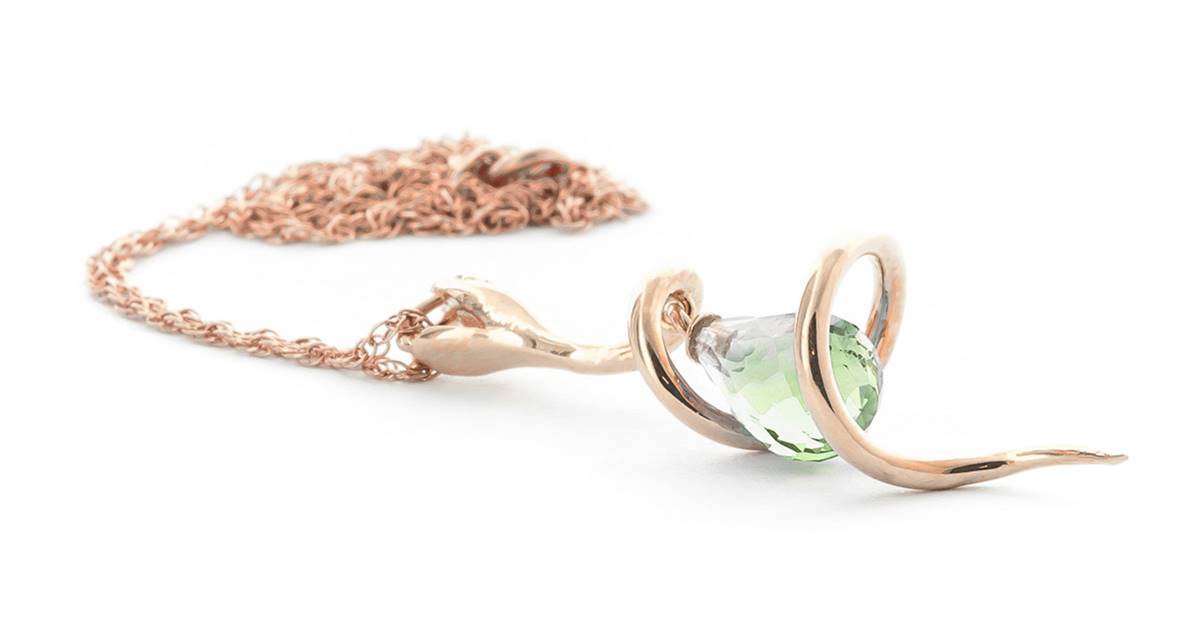 14K Solid Rose Gold Snake Necklace w/ Dangling Briolette Green Amethyst & Diamond