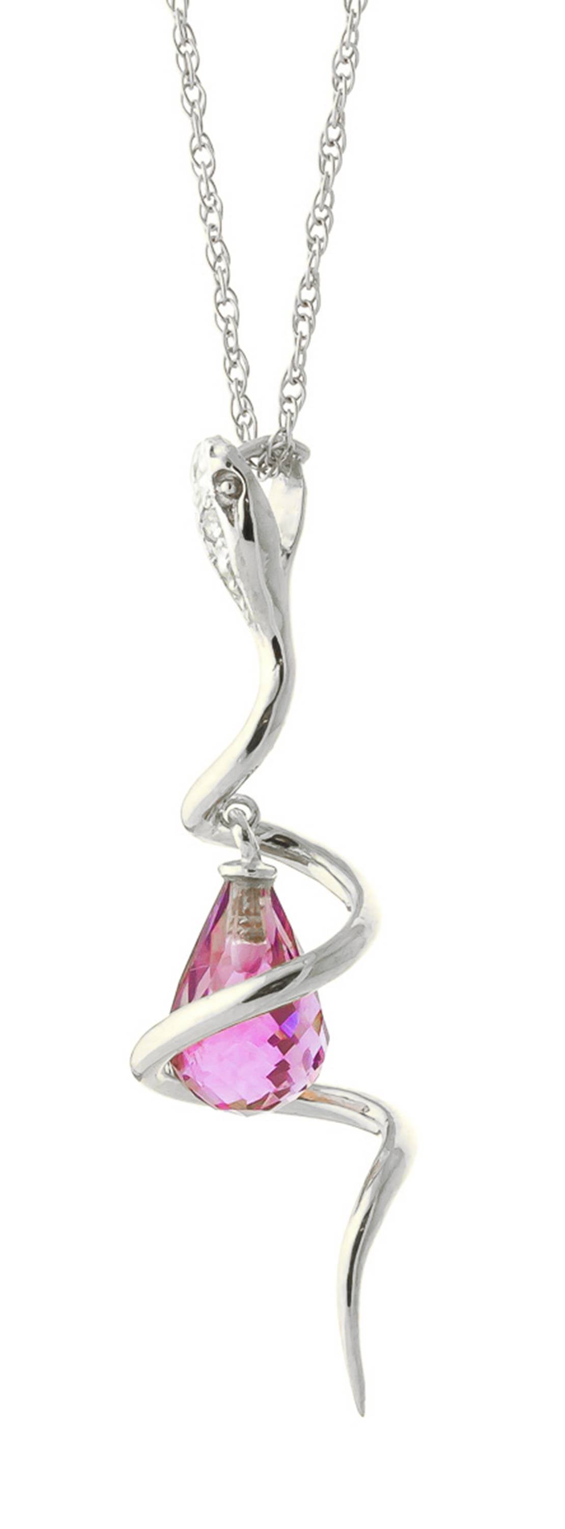 14K Solid White Gold Snake Necklace w/ Dangling Briolette Pink Topaz & Diamond