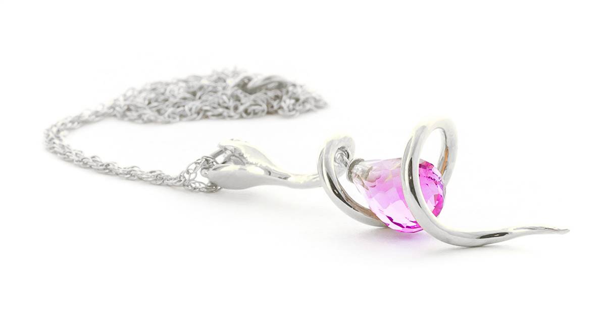 14K Solid White Gold Snake Necklace w/ Dangling Briolette Pink Topaz & Diamond
