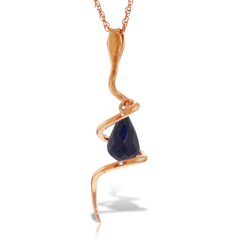 14K Solid Rose Gold Snake Necklace w/ Dangling Briolette Dyed Sapphire & Diamond
