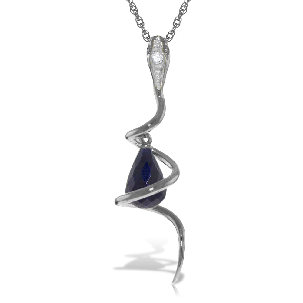 14K Solid White Gold Snake Necklace w/ Dangling Briolette Dyed Sapphire & Diamond