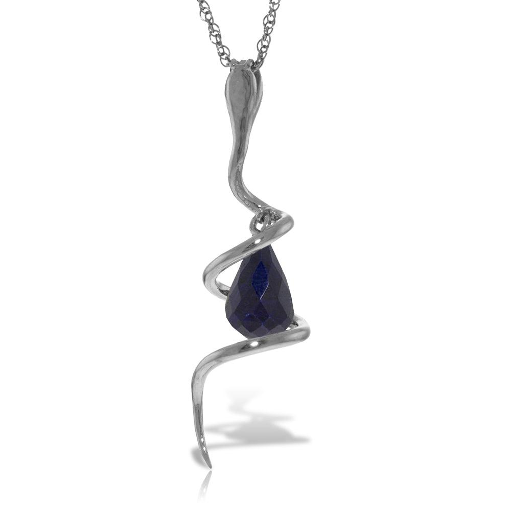 14K Solid White Gold Snake Necklace w/ Dangling Briolette Dyed Sapphire & Diamond
