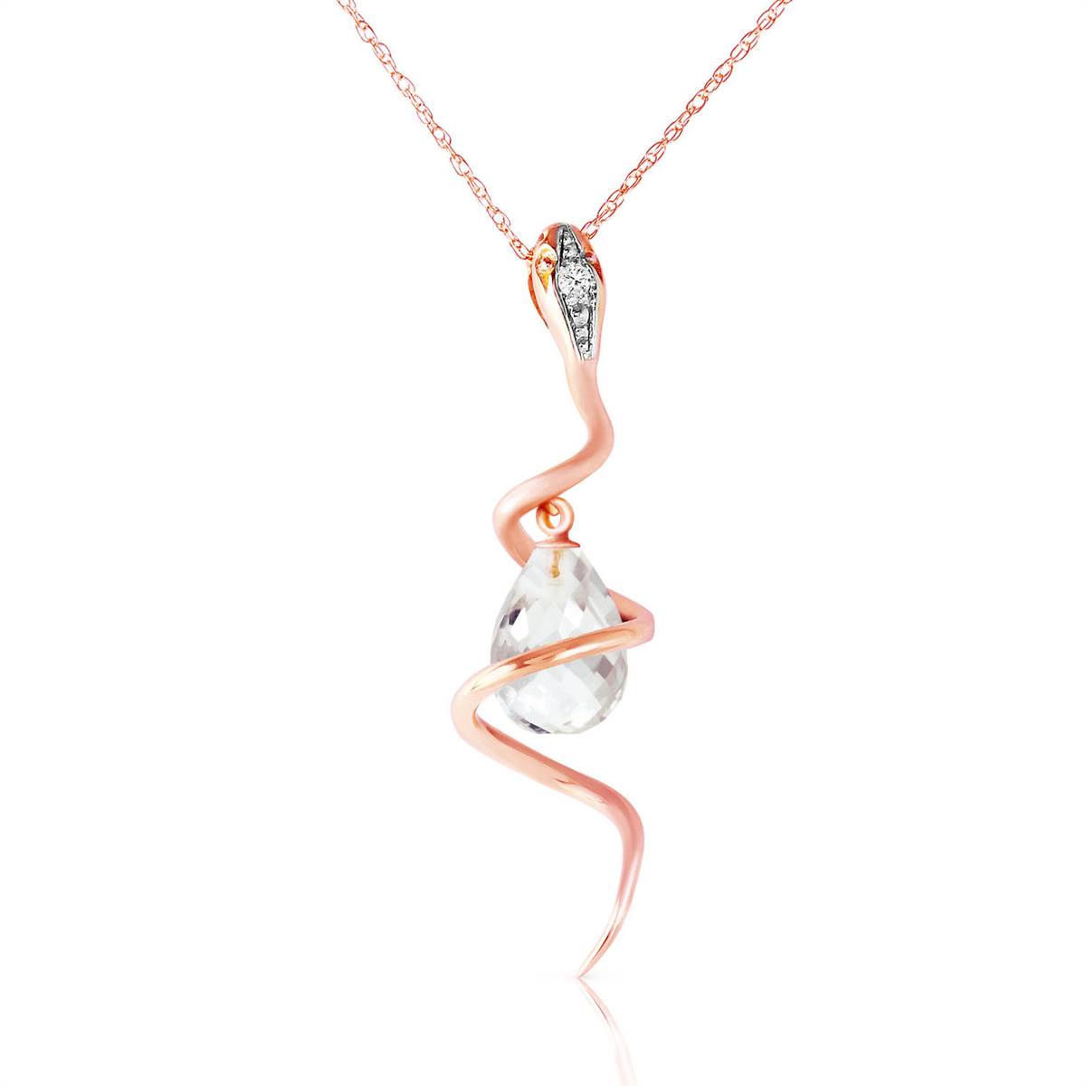 14K Solid Rose Gold Snake Necklace w/ Dangling Briolette White Topaz & Diamond