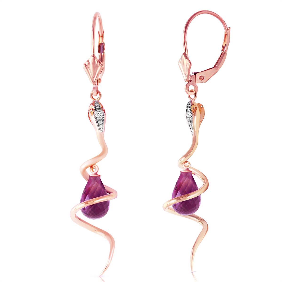 14K Solid Rose Gold Snake Earrings w/ Dangling Briolette Amethysts & Diamonds