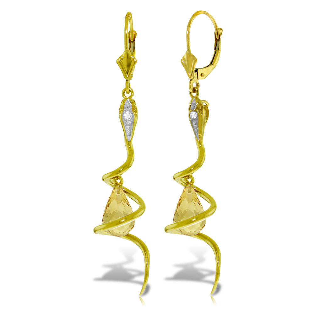 14K Solid Yellow Gold Snake Earrings w/ Dangling Briolette Citrines & Diamonds