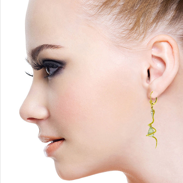 14K Solid Yellow Gold Snake Earrings w/ Dangling Briolette Green Amethysts & Diamond
