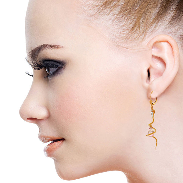 14K Solid Rose Gold Snake Earrings w/ Dangling Briolette Pink Topaz & Diamonds