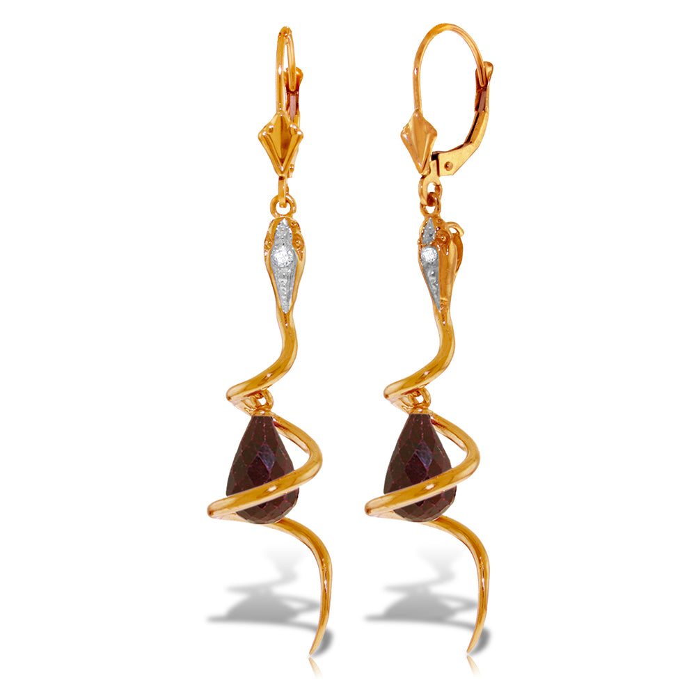 14K Solid Rose Gold Snake Earrings w/ Briolette Dyed Rubies & Diamonds