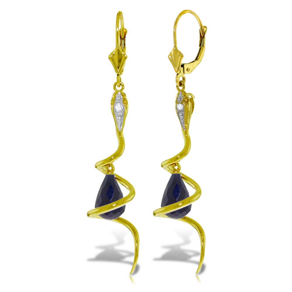 14K Solid Yellow Gold Snake Earrings w/ Briolette Dyed Sapphires & Diamonds