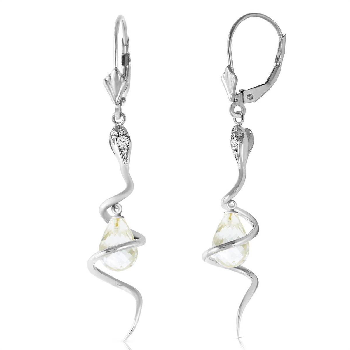14K Solid White Gold Snake Earrings w/ Dangling Briolette White Topaz & Diamonds