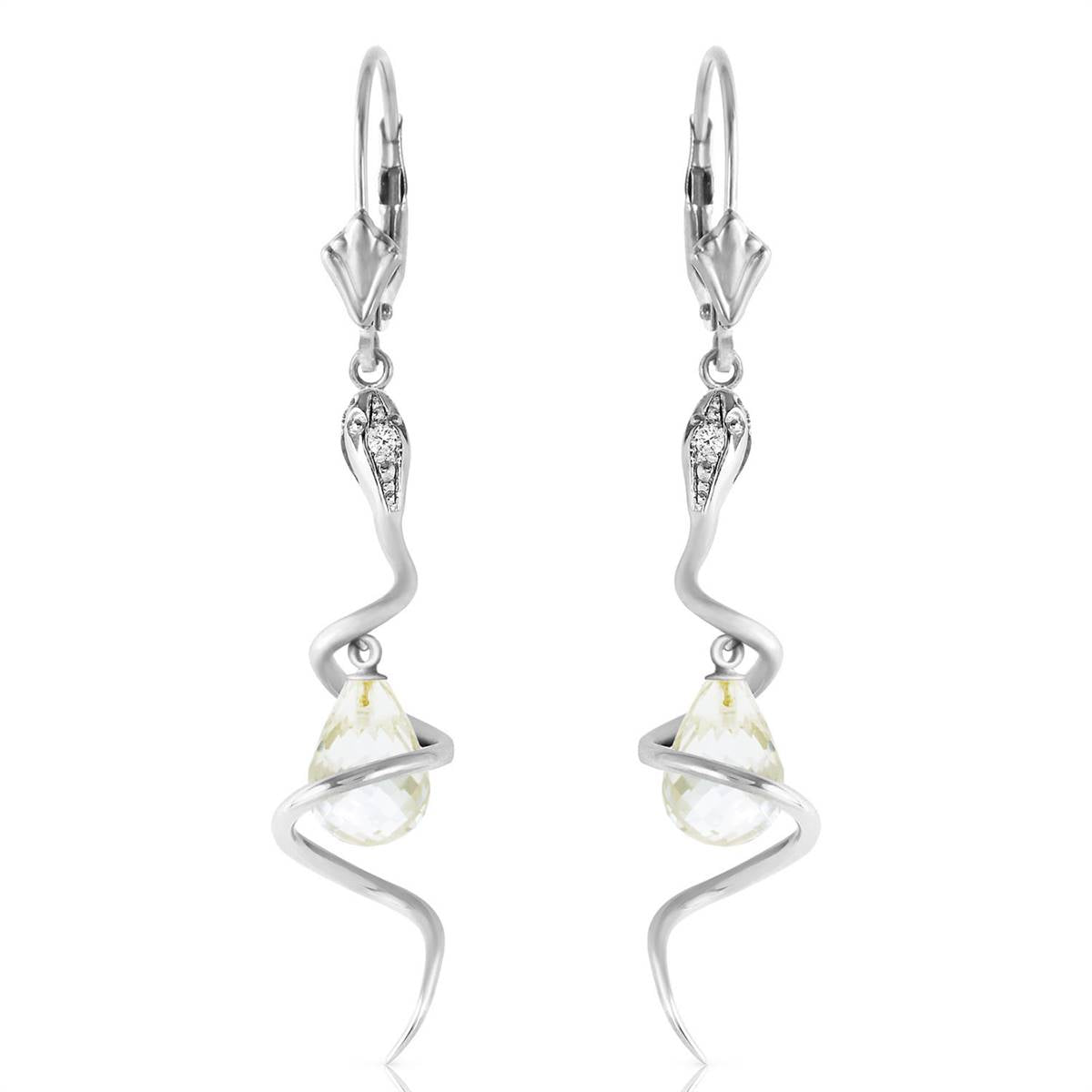 14K Solid White Gold Snake Earrings w/ Dangling Briolette White Topaz & Diamonds