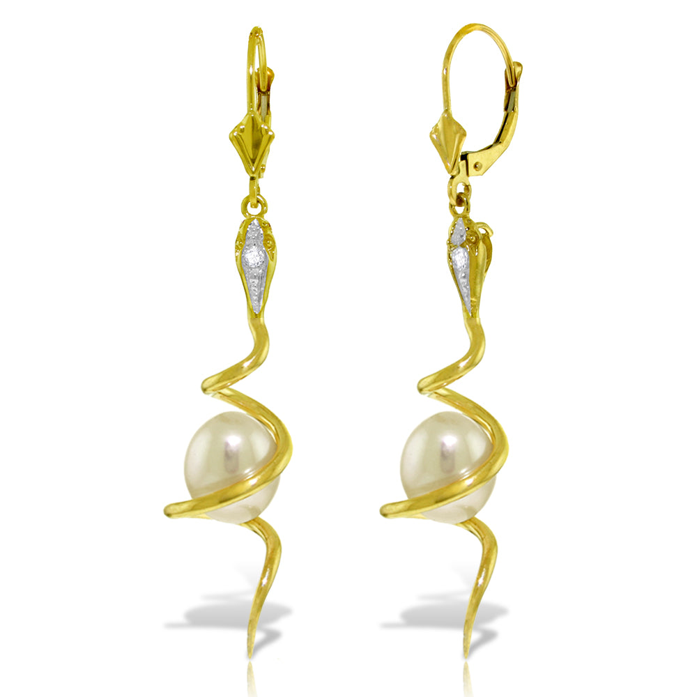 14K Solid Yellow Gold Snake Earrings w/ Pear Shape Pearls & Diamonds