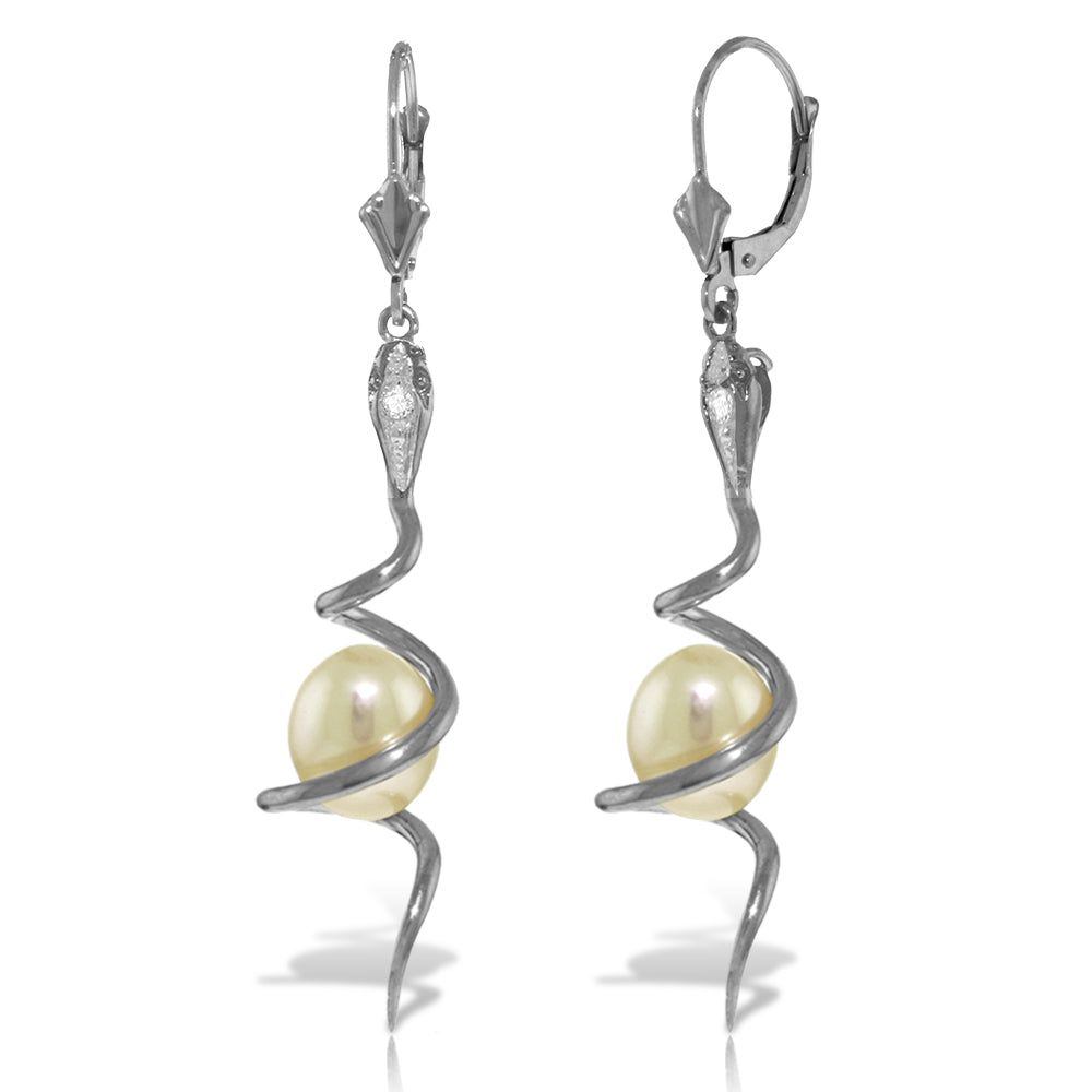 14K Solid White Gold Snake Earrings w/ Pear Shape Pearls & Diamonds