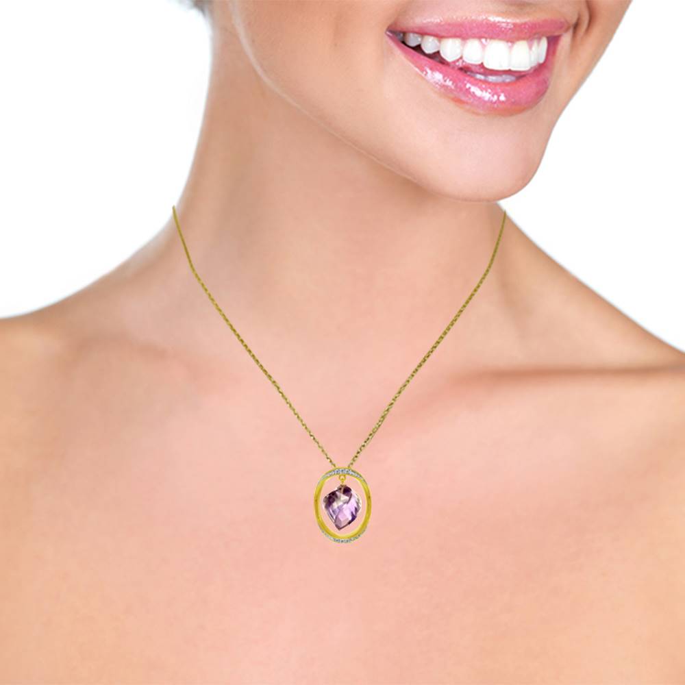 14K Solid Yellow Gold Necklace w/ Natural Twisted Briolette Amethyst & Diamonds