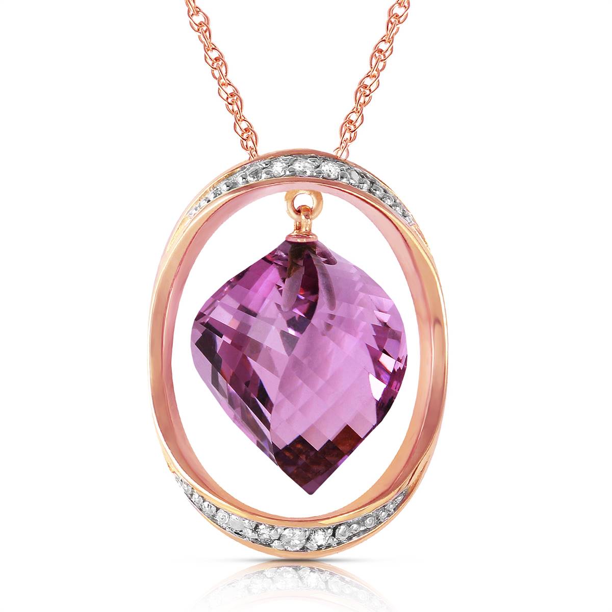 14K Solid Rose Gold Necklace w/ Natural Twisted Briolette Amethyst & Diamonds