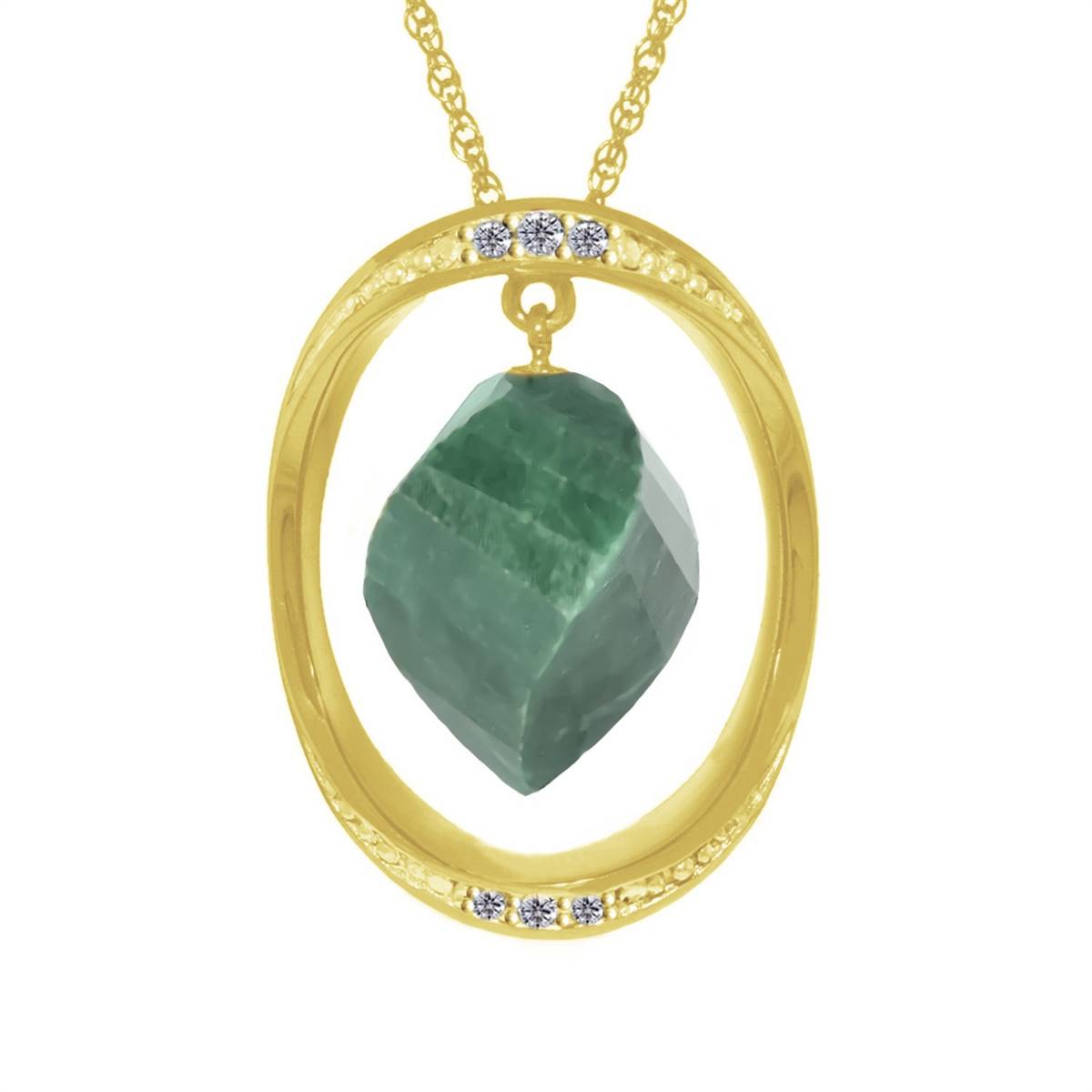 14K Solid Yellow Gold Necklace w/ Twisted Briolette Dyed Green Sapphire & Diamonds