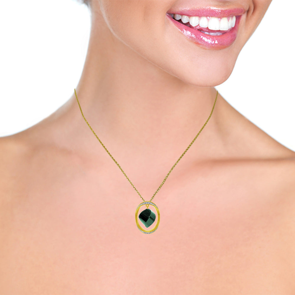 14K Solid Yellow Gold Necklace w/ Twisted Briolette Dyed Green Sapphire & Diamonds
