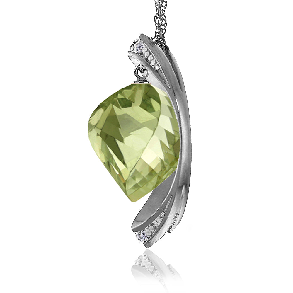 14K Solid White Gold Necklace w/ Natural Twisted Briolette Green Amethyst & Diamond