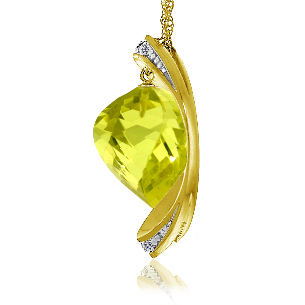 14K Solid Yellow Gold Necklace w/ Natural Twisted Briolette Lemon Quartz & Diamonds