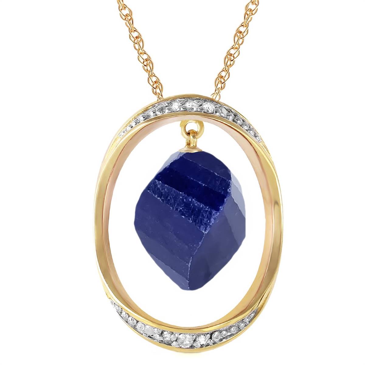14K Solid Yellow Gold Necklace w/ Twisted Briolette Dyed Sapphire & Diamonds