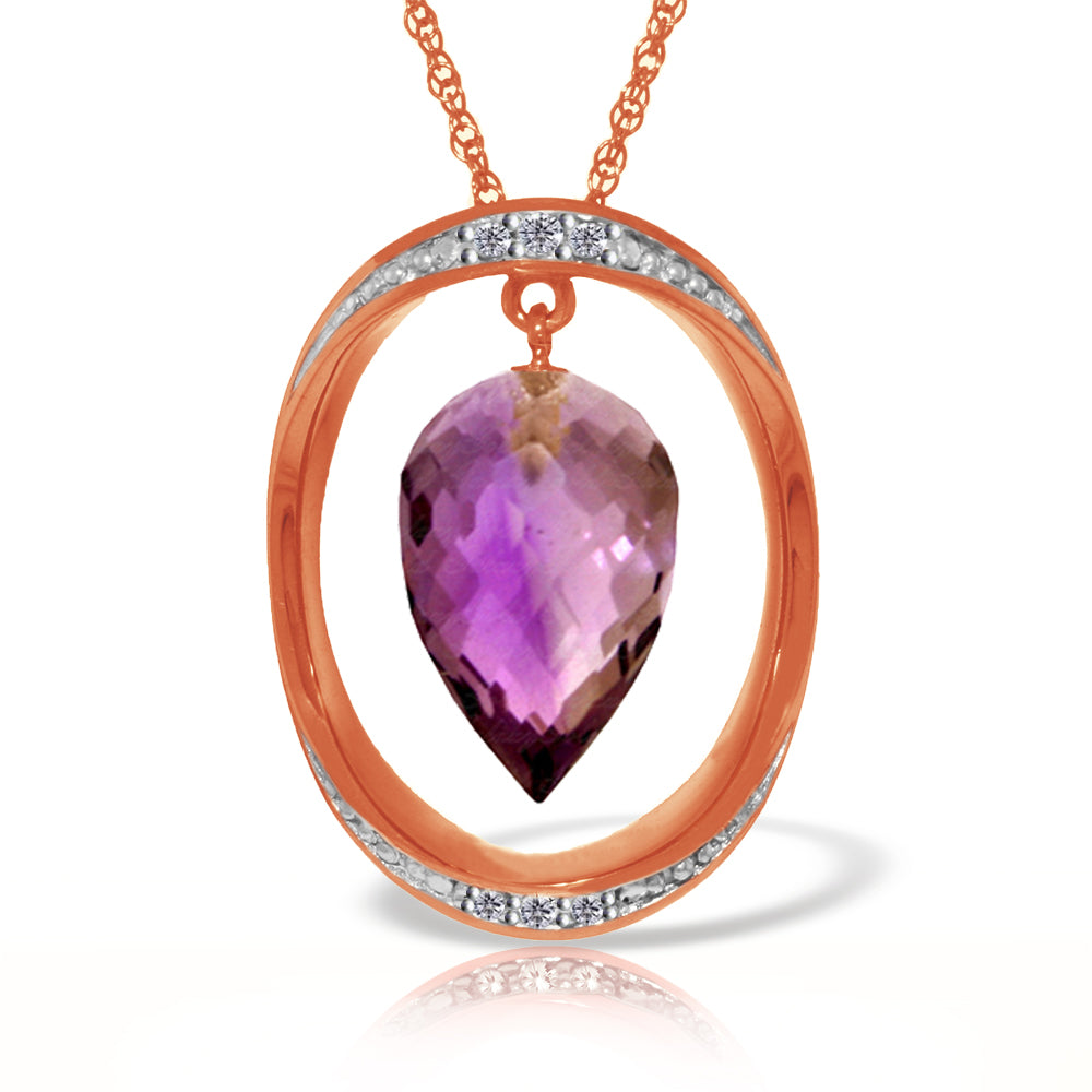 14K Solid Rose Gold Necklace w/ Diamonds & Briolette Pointy Drop Amethyst