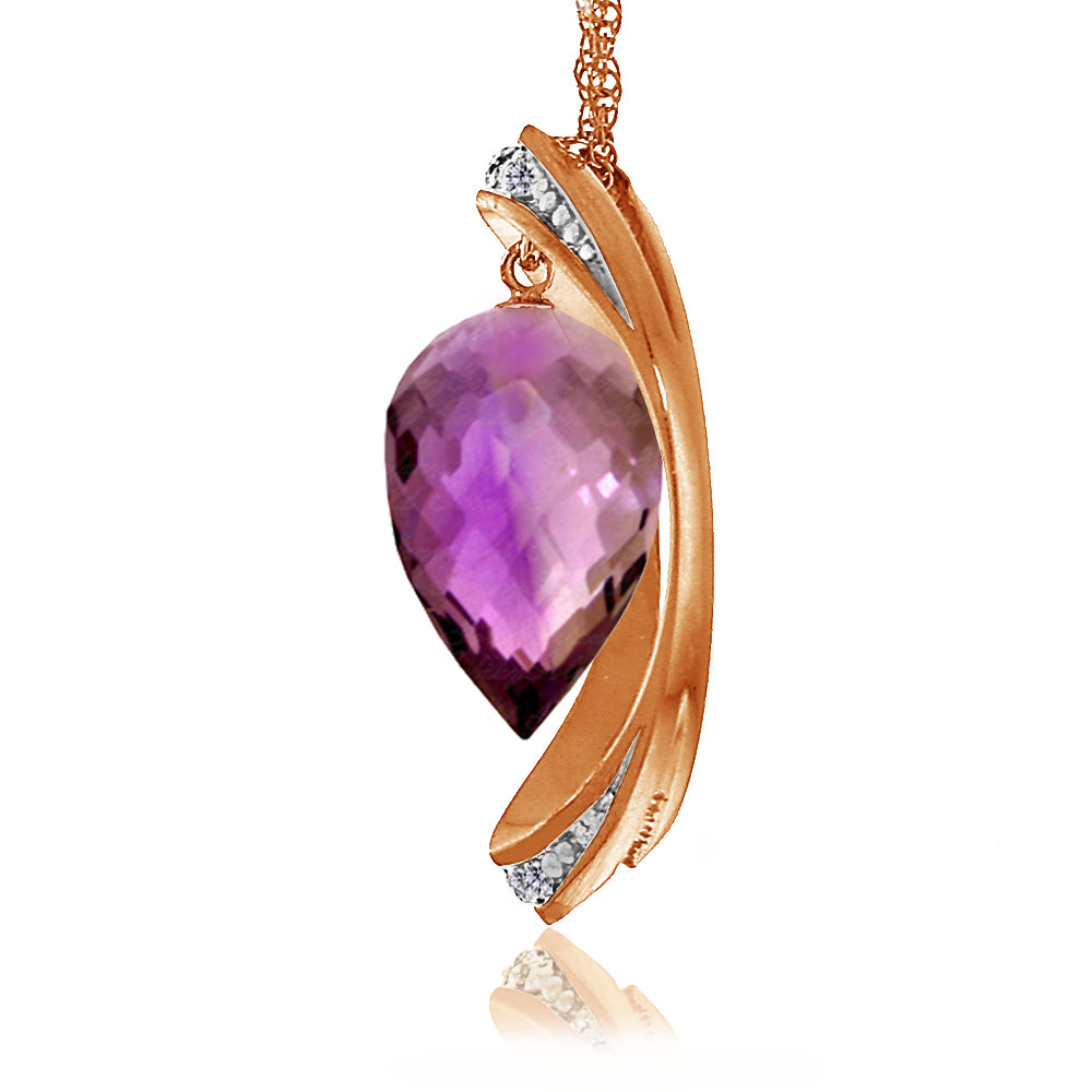 14K Solid Rose Gold Necklace w/ Diamonds & Briolette Pointy Drop Amethyst