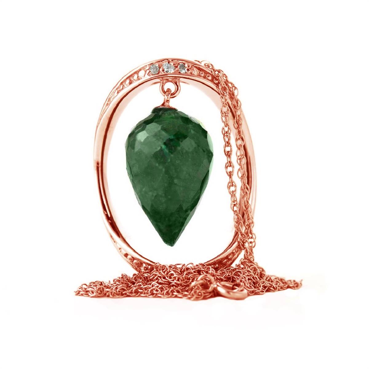 14K Solid Rose Gold Necklace w/ Diamonds & Briolette Pointy Drop Dyed Green Sapphire