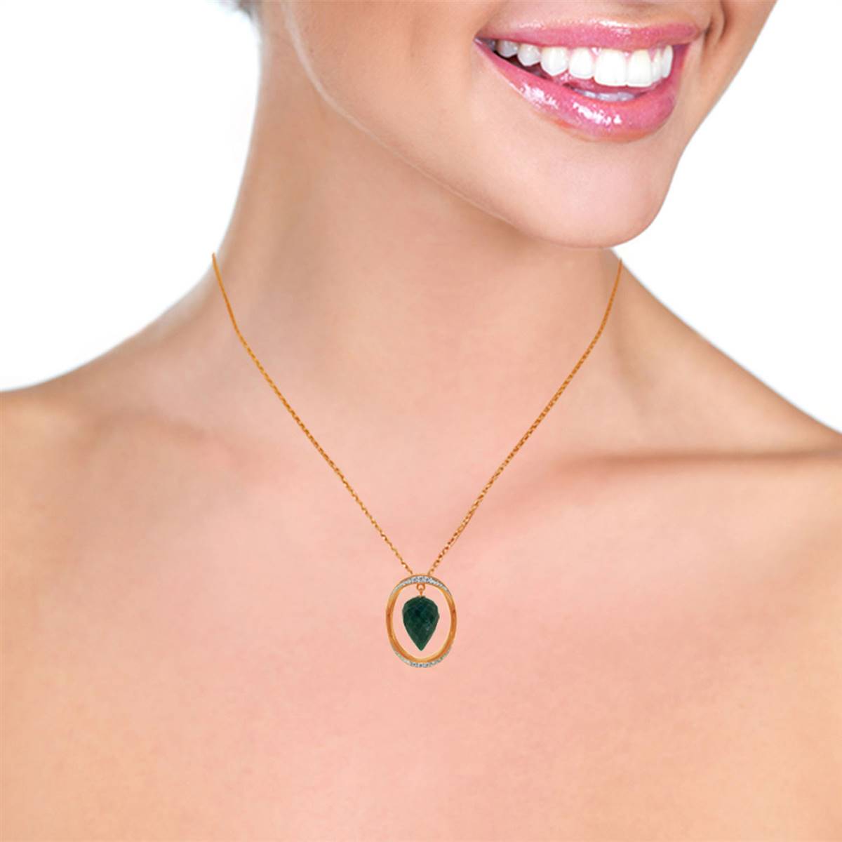 14K Solid Rose Gold Necklace w/ Diamonds & Briolette Pointy Drop Dyed Green Sapphire