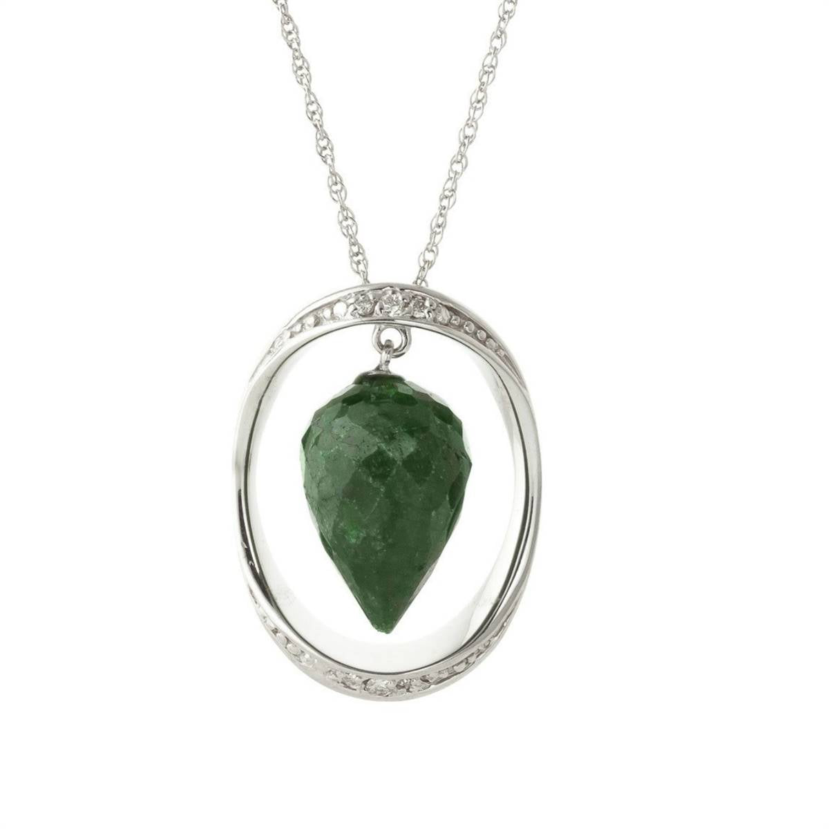 14K Solid White Gold Necklace w/ Diamonds & Briolette Pointy Drop Dyed Green Sapphire