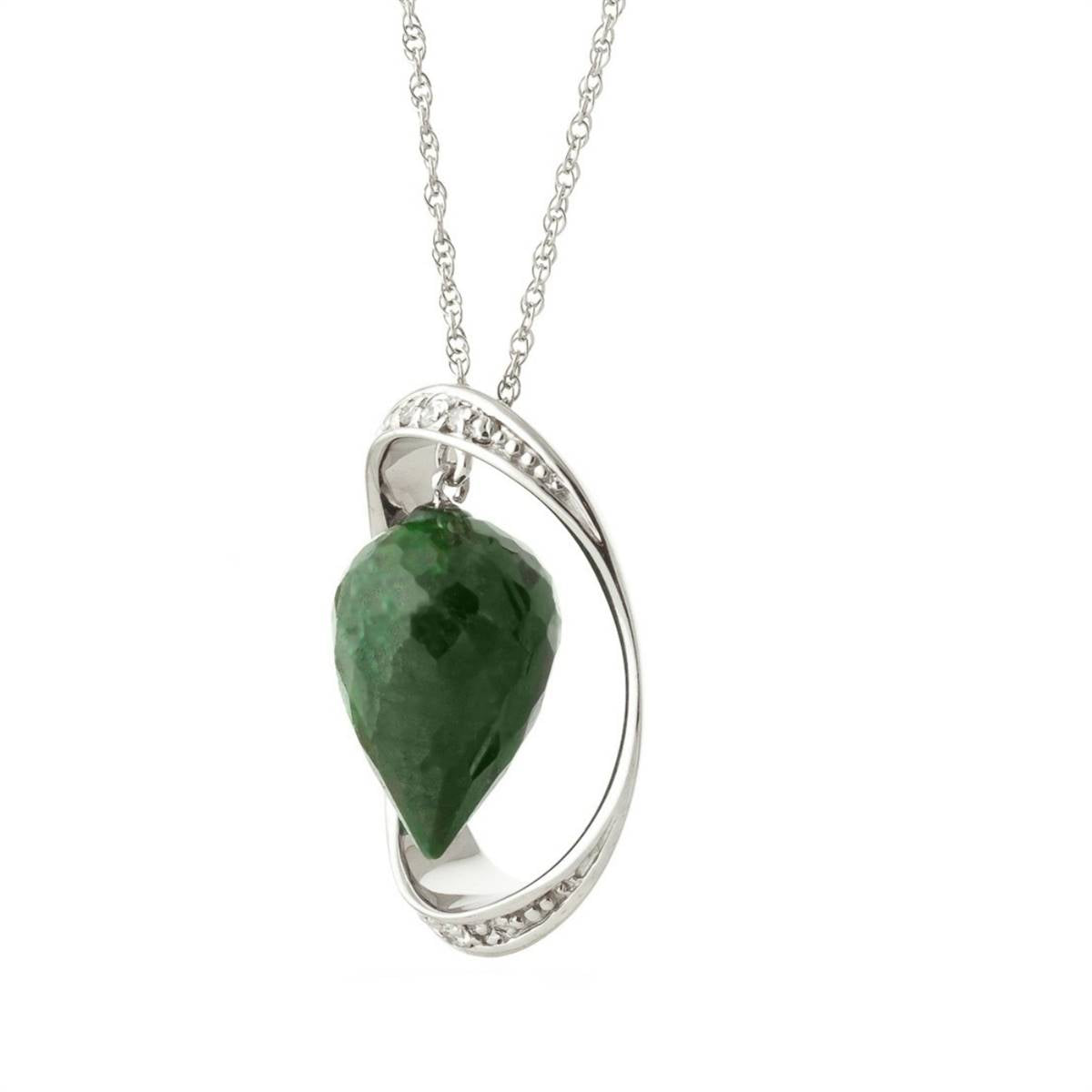 14K Solid White Gold Necklace w/ Diamonds & Briolette Pointy Drop Dyed Green Sapphire
