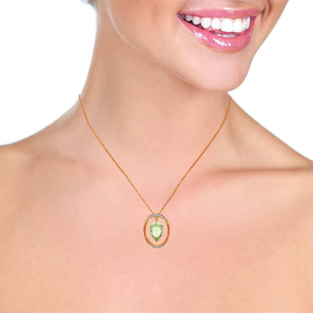 14K Solid Rose Gold Necklace w/ Diamonds & Briolette Pointy Drop Green Amethyst
