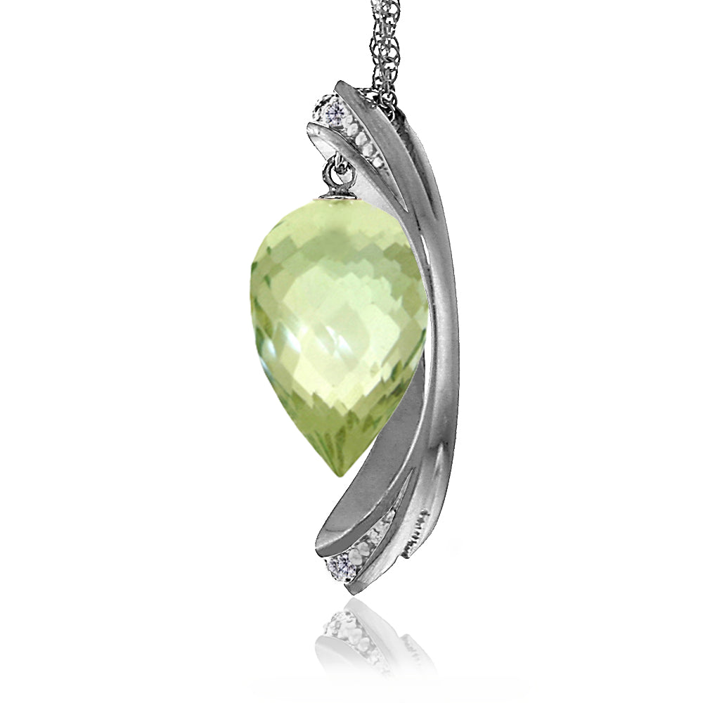 14K Solid White Gold Necklace w/ Diamonds & Briolette Pointy Drop Green Amethyst