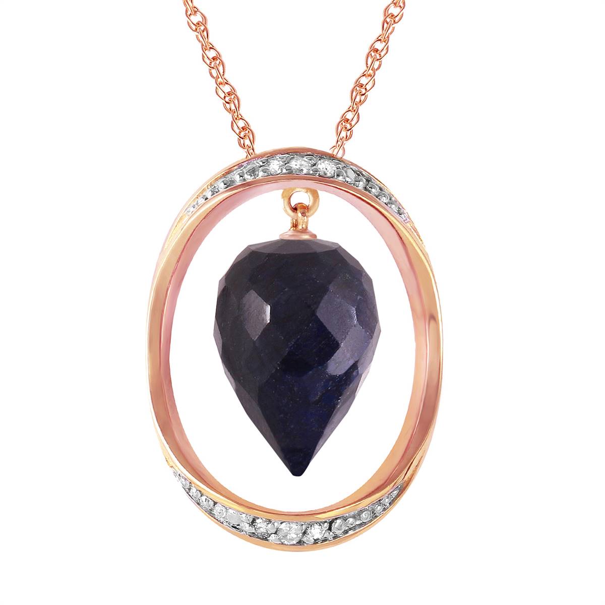 14K Solid Rose Gold Necklace w/ Diamonds & Briolette Pointy Drop Dyed Sapphire