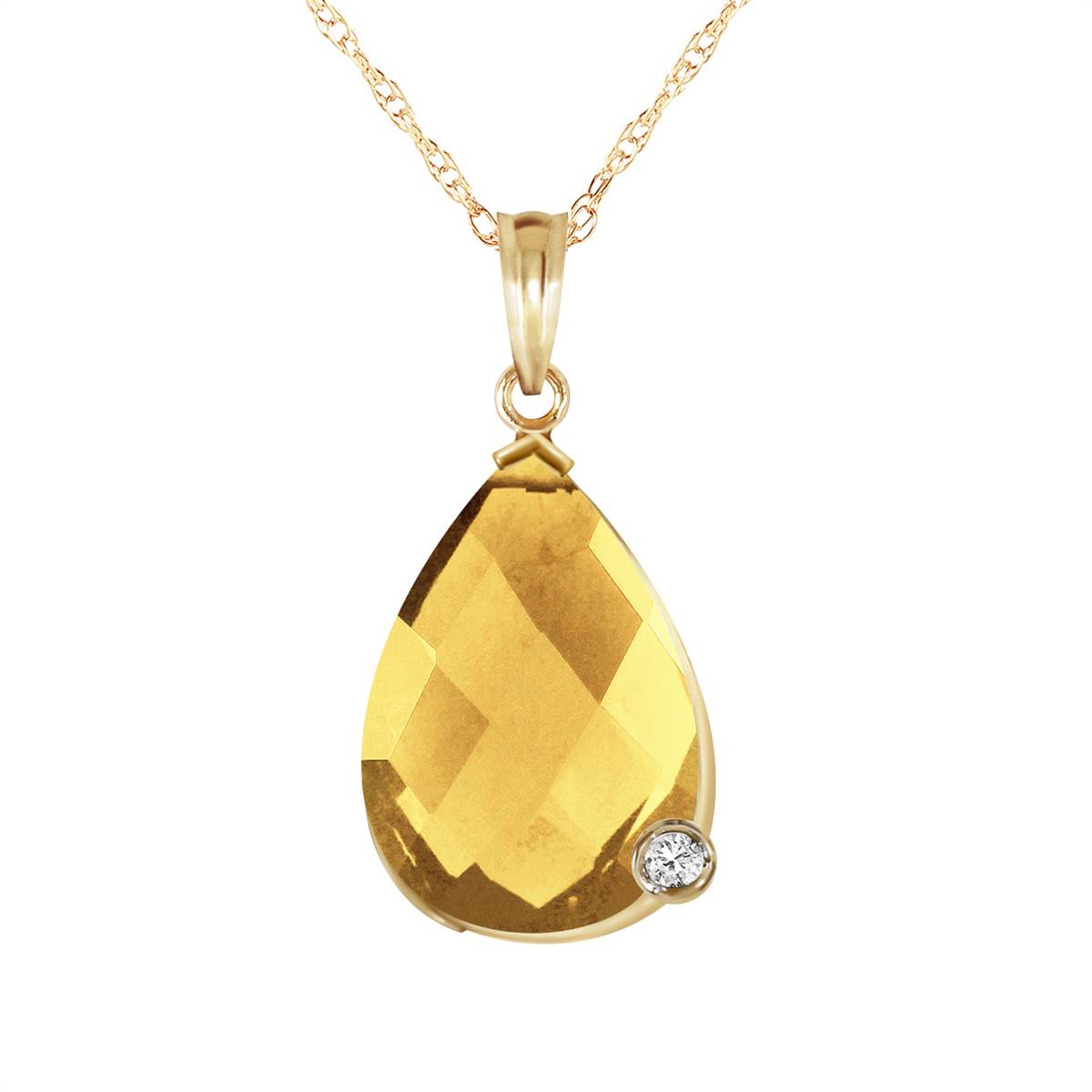 14K Solid Yellow Gold Necklace w/ Briolette Checkerboard Cut Citrine & Diamond