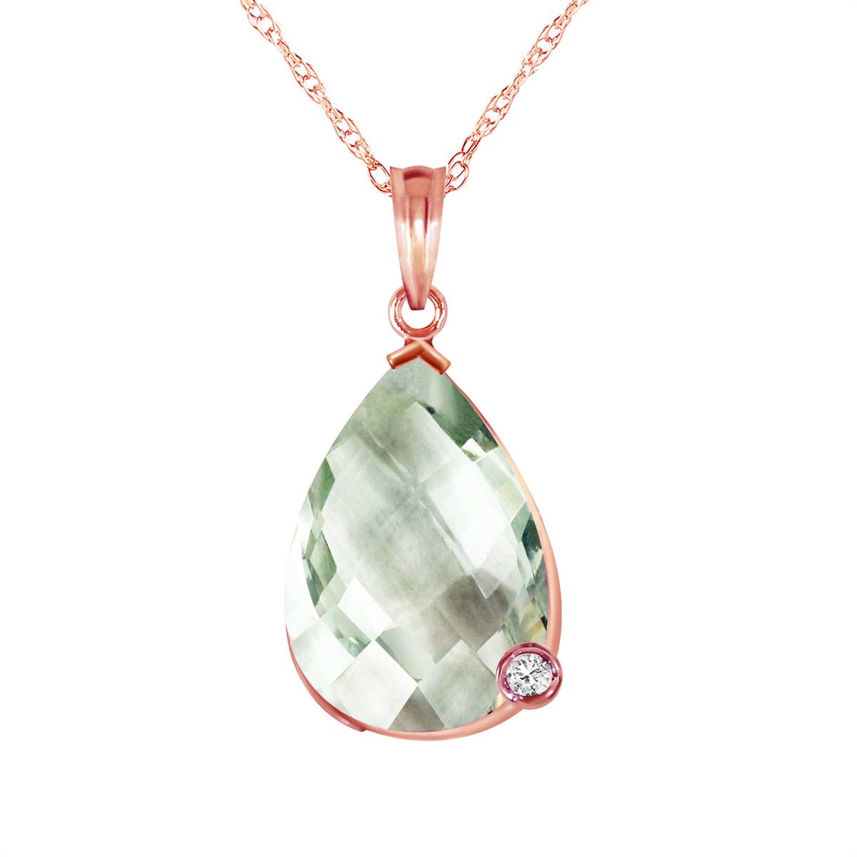 14K Solid Rose Gold Necklace w/ Briolette Checkerboard Cut Green Amethyst & Diamond