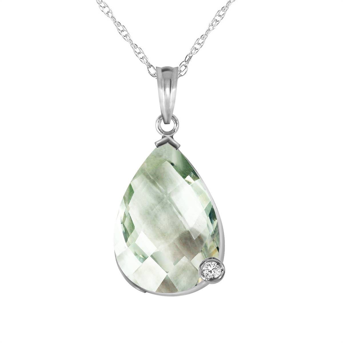 14K Solid White Gold Necklace w/ Briolette Checkerboard Cut Green Amethyst & Diamond