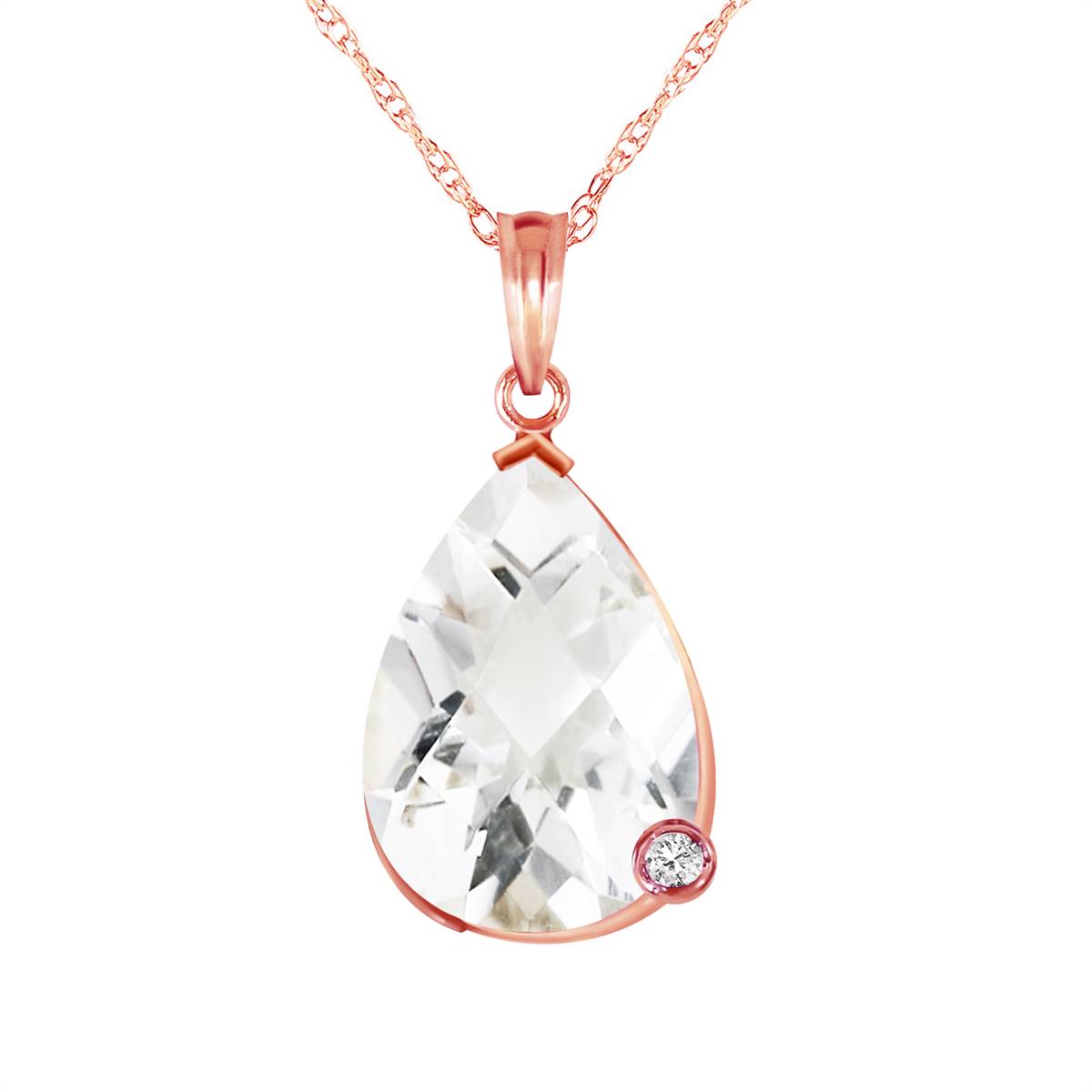 14K Solid Rose Gold Necklace w/ Briolette Checkerboard Cut White Topaz & Diamond