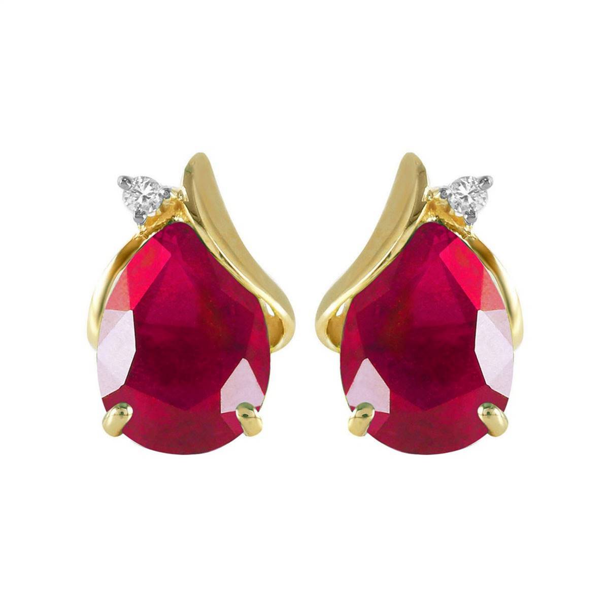 14K Solid Yellow Gold Studs Natural Diamond & Ruby Earrings