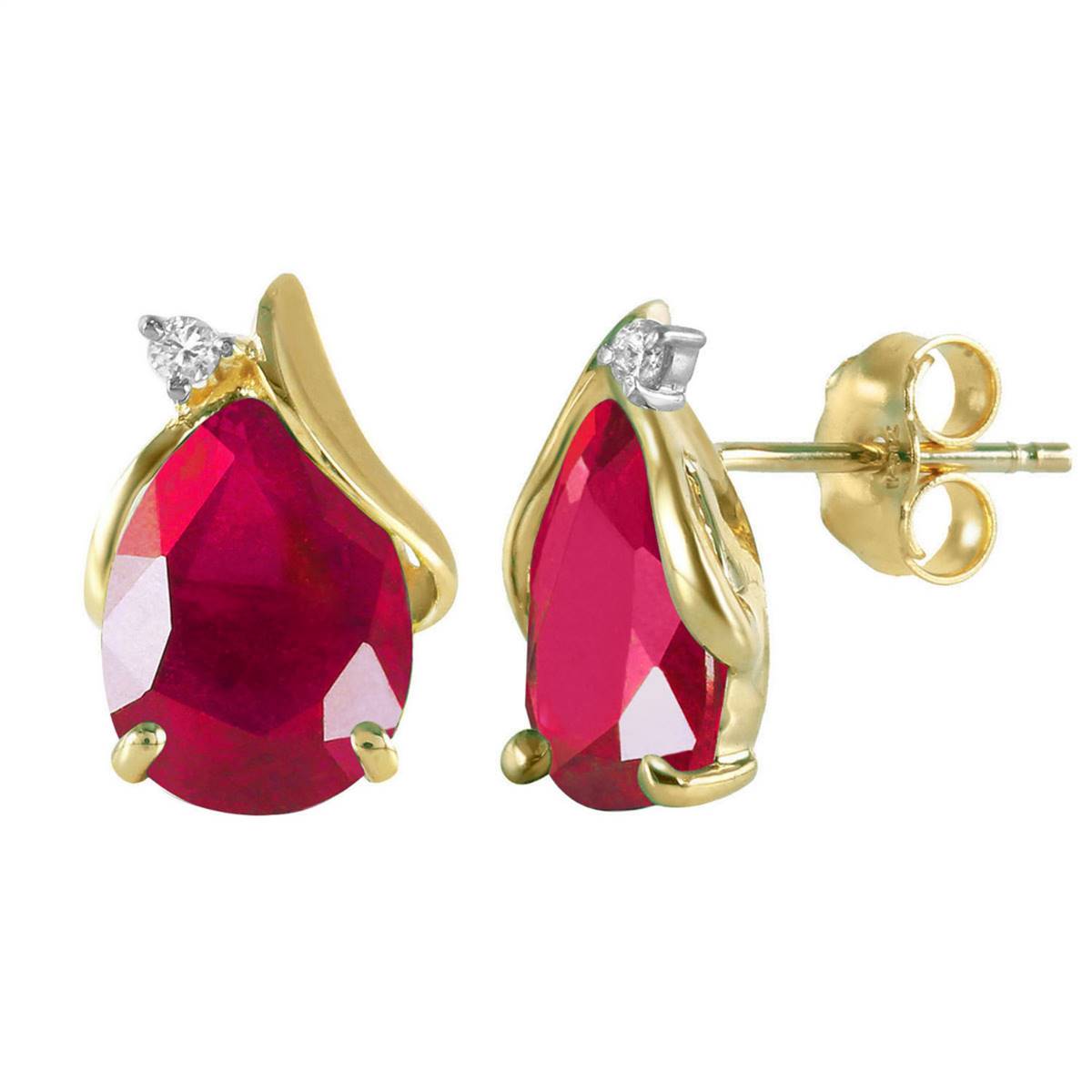 14K Solid Yellow Gold Studs Natural Diamond & Ruby Earrings