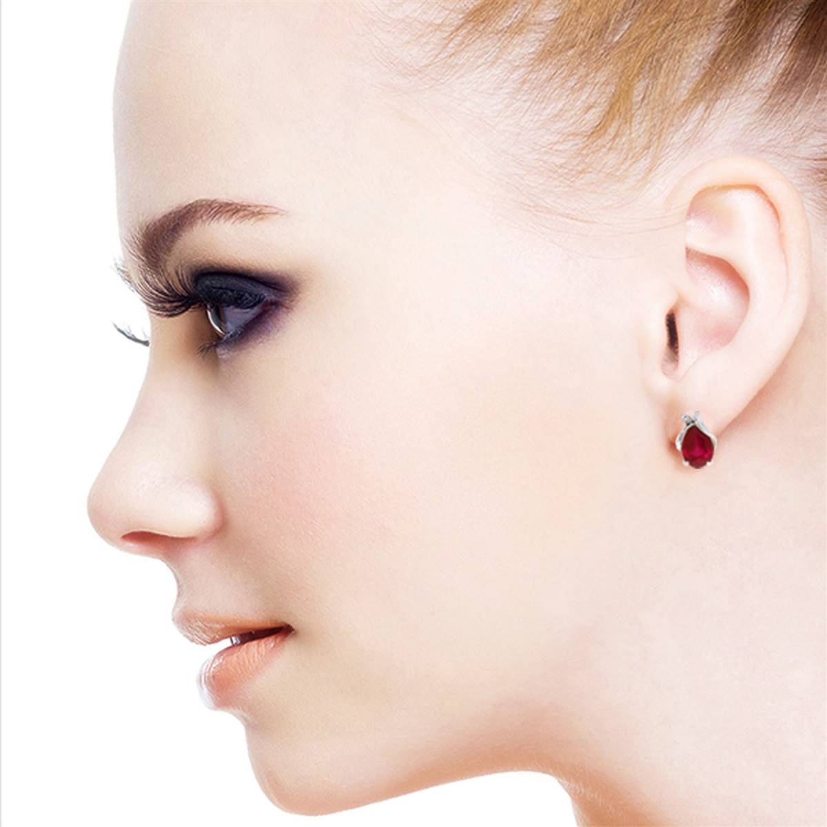 14K Solid White Gold Studs Earrings Natural Diamond & Ruby Gemstone