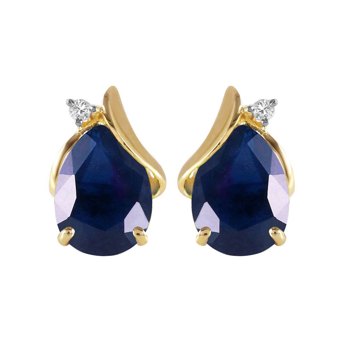 14K Solid Yellow Gold Studs Natural Diamond & Sapphire Earrings