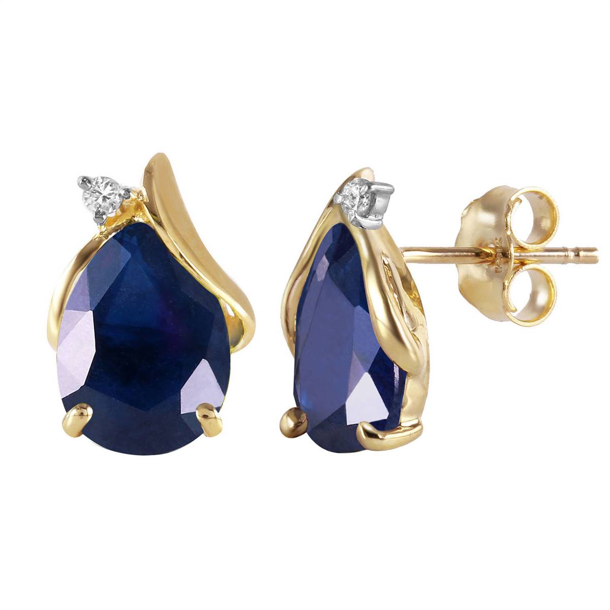 14K Solid Yellow Gold Studs Natural Diamond & Sapphire Earrings