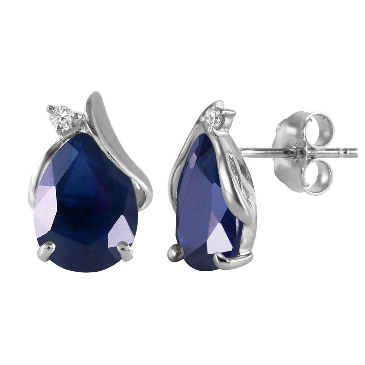 14K Solid White Gold Studs Earrings Natural Diamond & Sapphire Certified