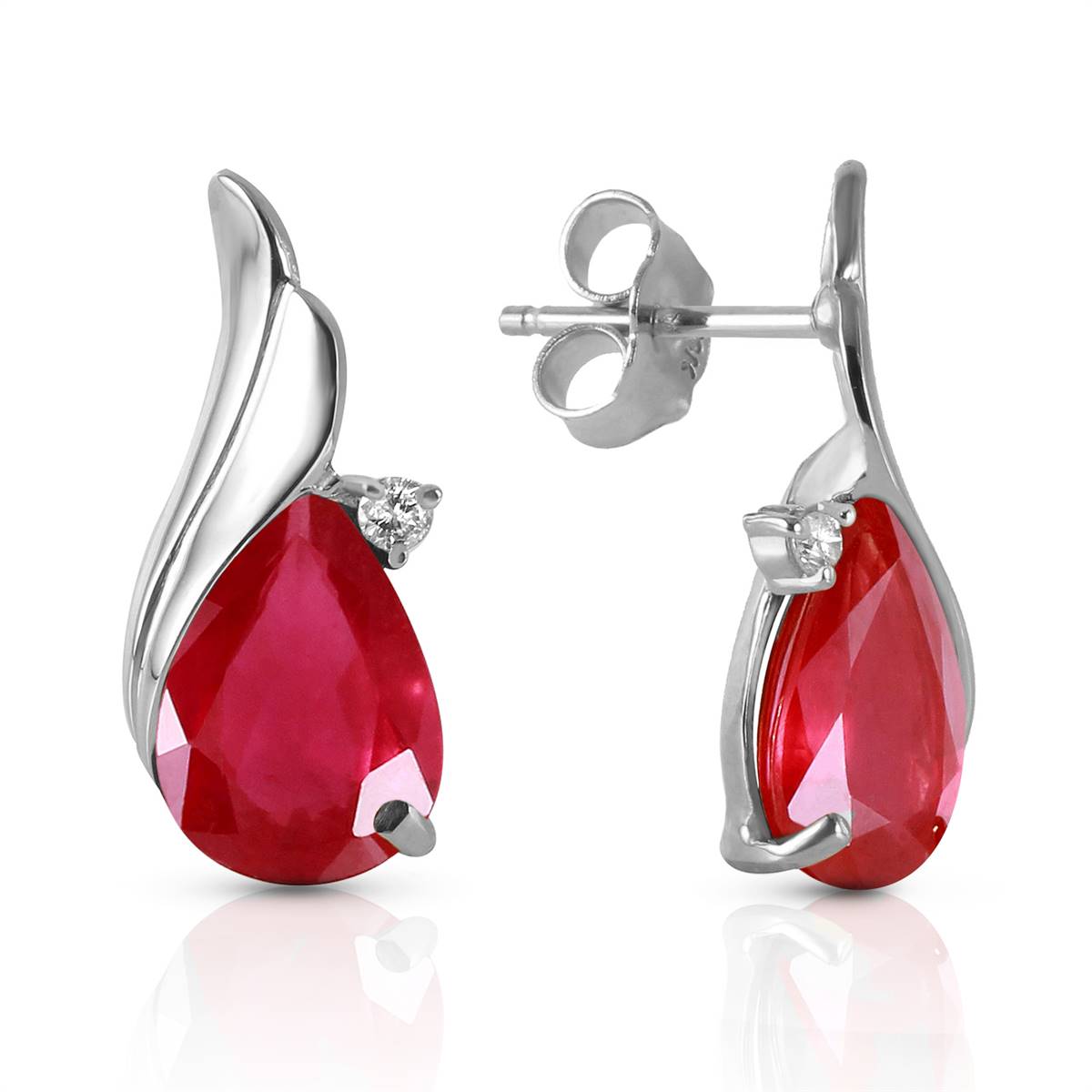 14K Solid White Gold Studs Earrings Natural Diamond & Ruby Jewelry