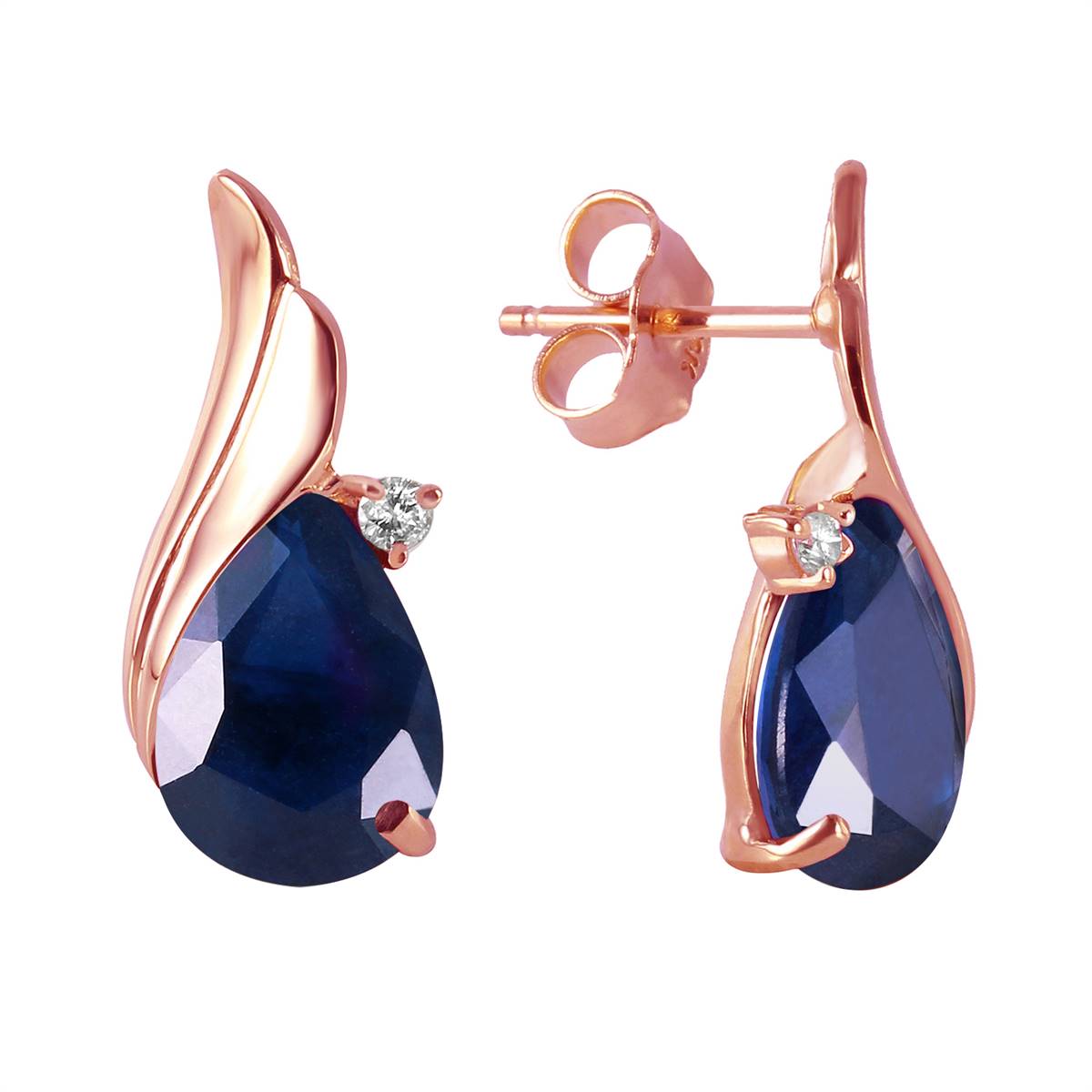 14K Solid Rose Gold Studs Earrings Natural Diamond & Sapphire Certified