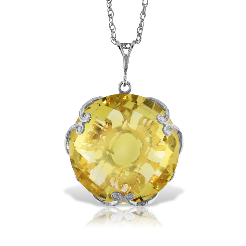14K Solid White Gold Necklace Round Lemon Quartz Gemstone