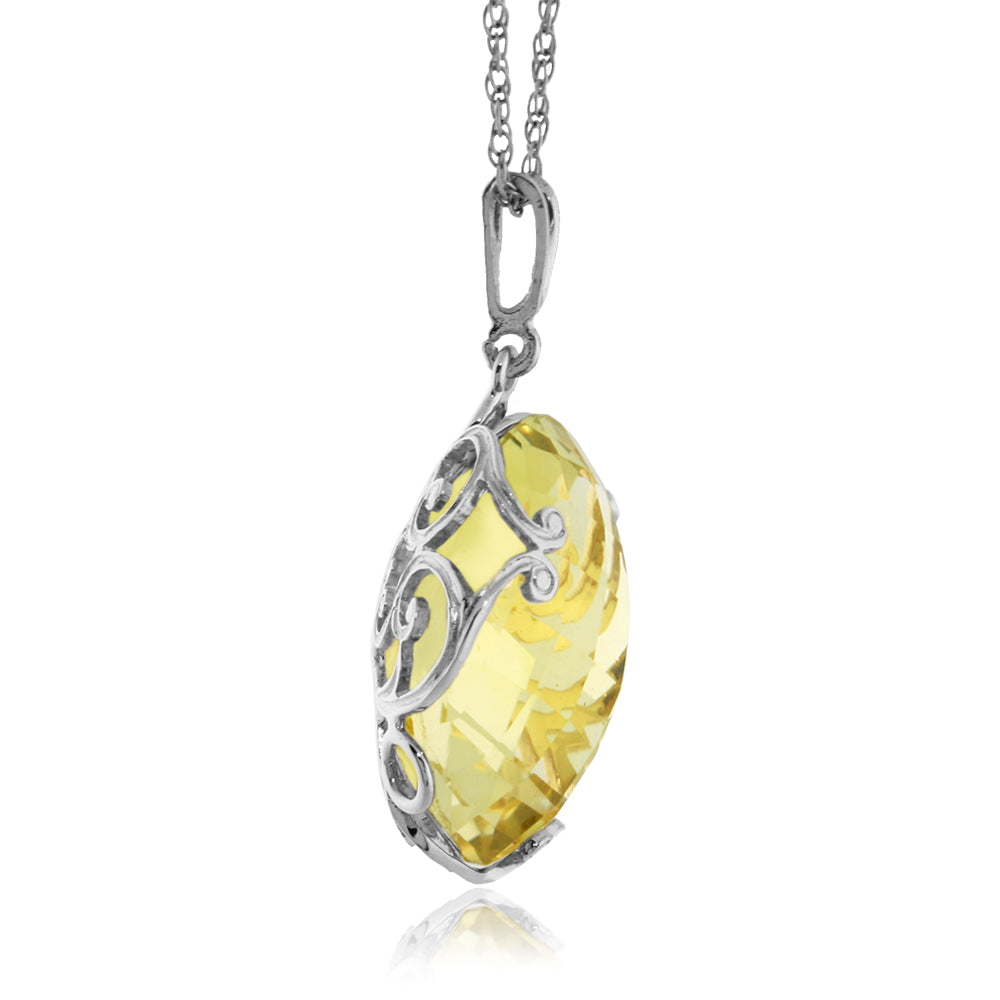 14K Solid White Gold Necklace Round Lemon Quartz Gemstone